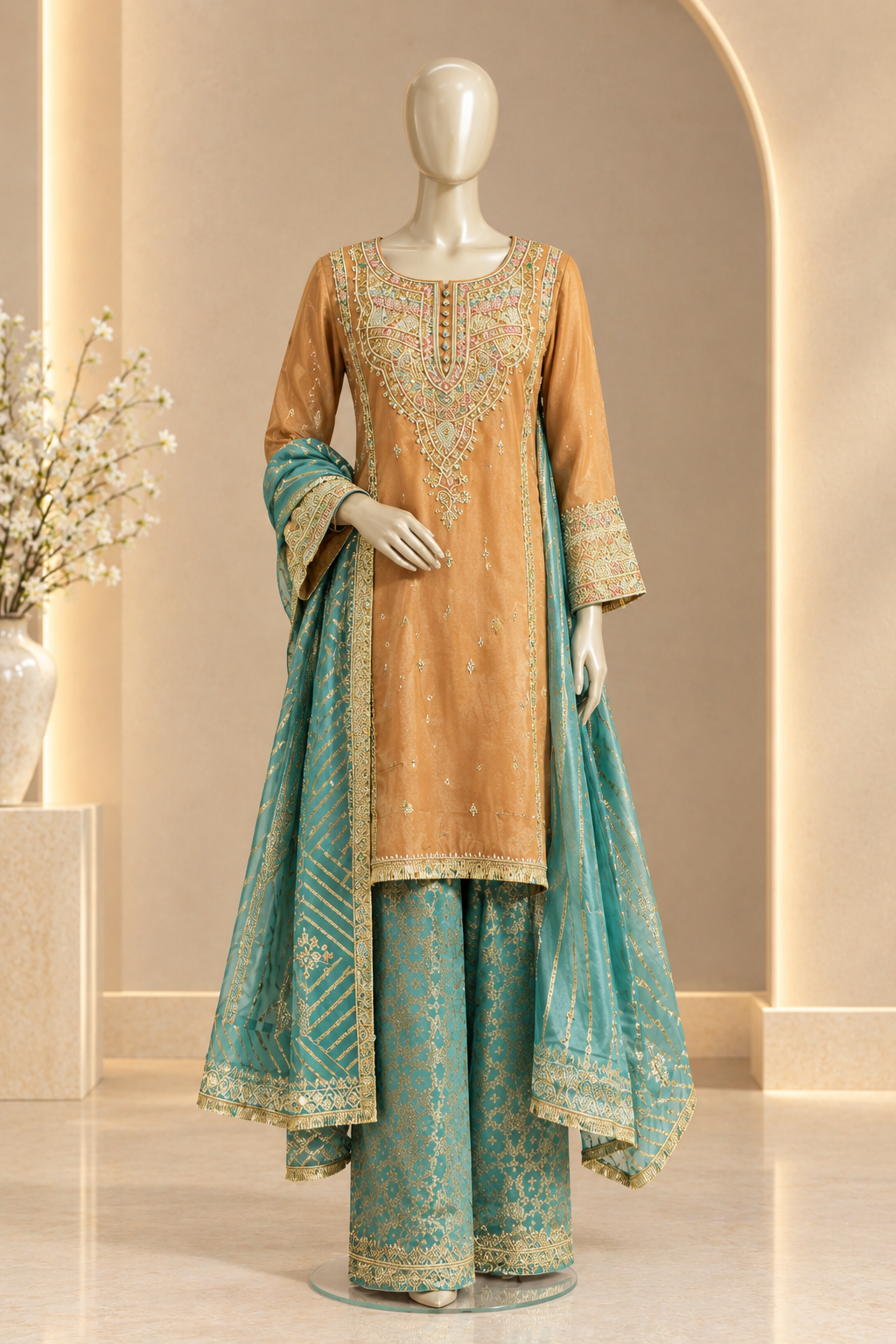Taara Rust Embroidered Farshi Salwar Suit