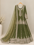 ARYA Olive Green Embroidered Lehenga with Long Choli