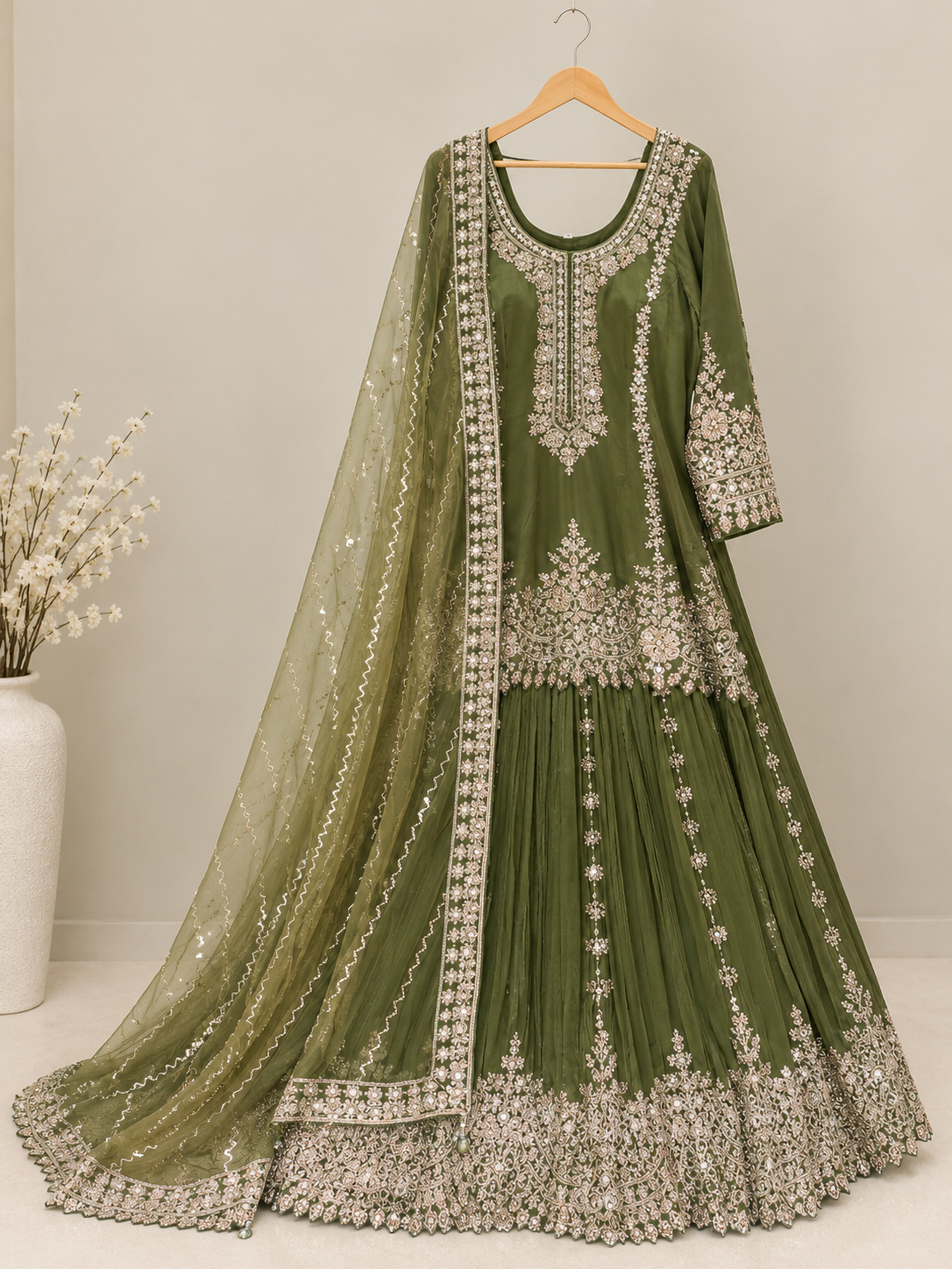 ARYA Olive Green Embroidered Lehenga with Long Choli