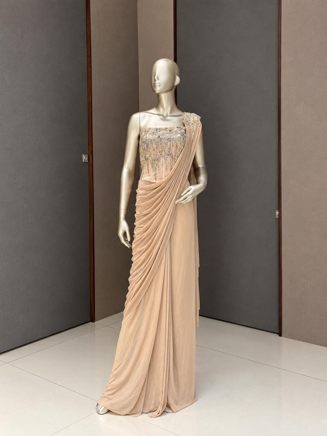 INARA Beige Draped Saree with Embroidered Blouse