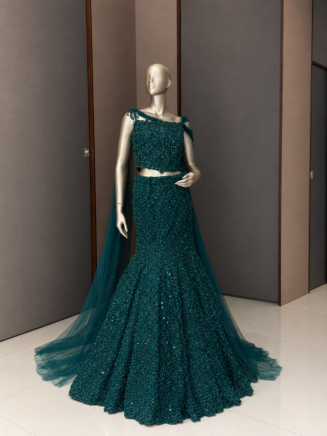 Nyraa Bottle Green Fish Cut Lehenga Choli