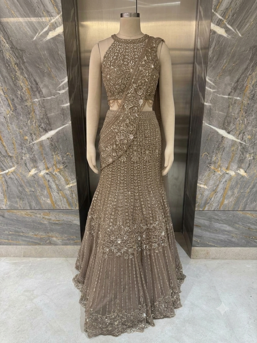 Nyraa Taupe Brown Embroidered Draped Lehenga Style Saree