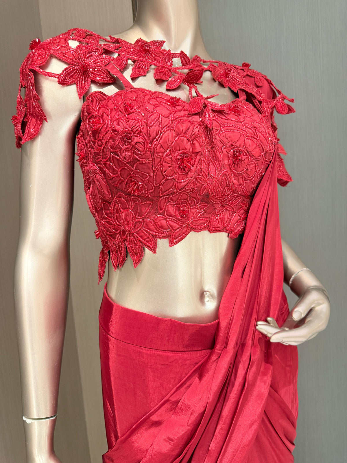 INARA Draped Sari with Floral Lace Blouse