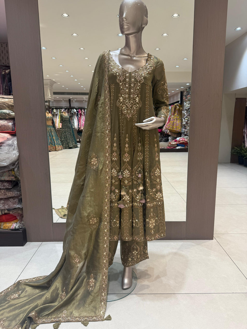 Mira Olive Green Embroidered Anarkali Suit with Dupatta