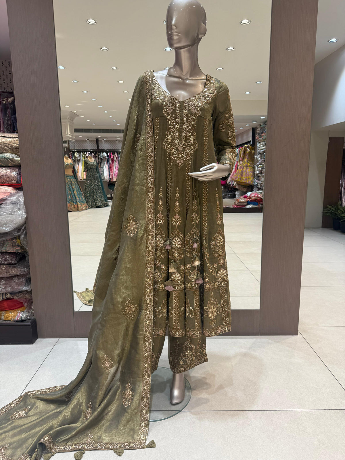 Mira Olive Green Embroidered Anarkali Suit with Dupatta
