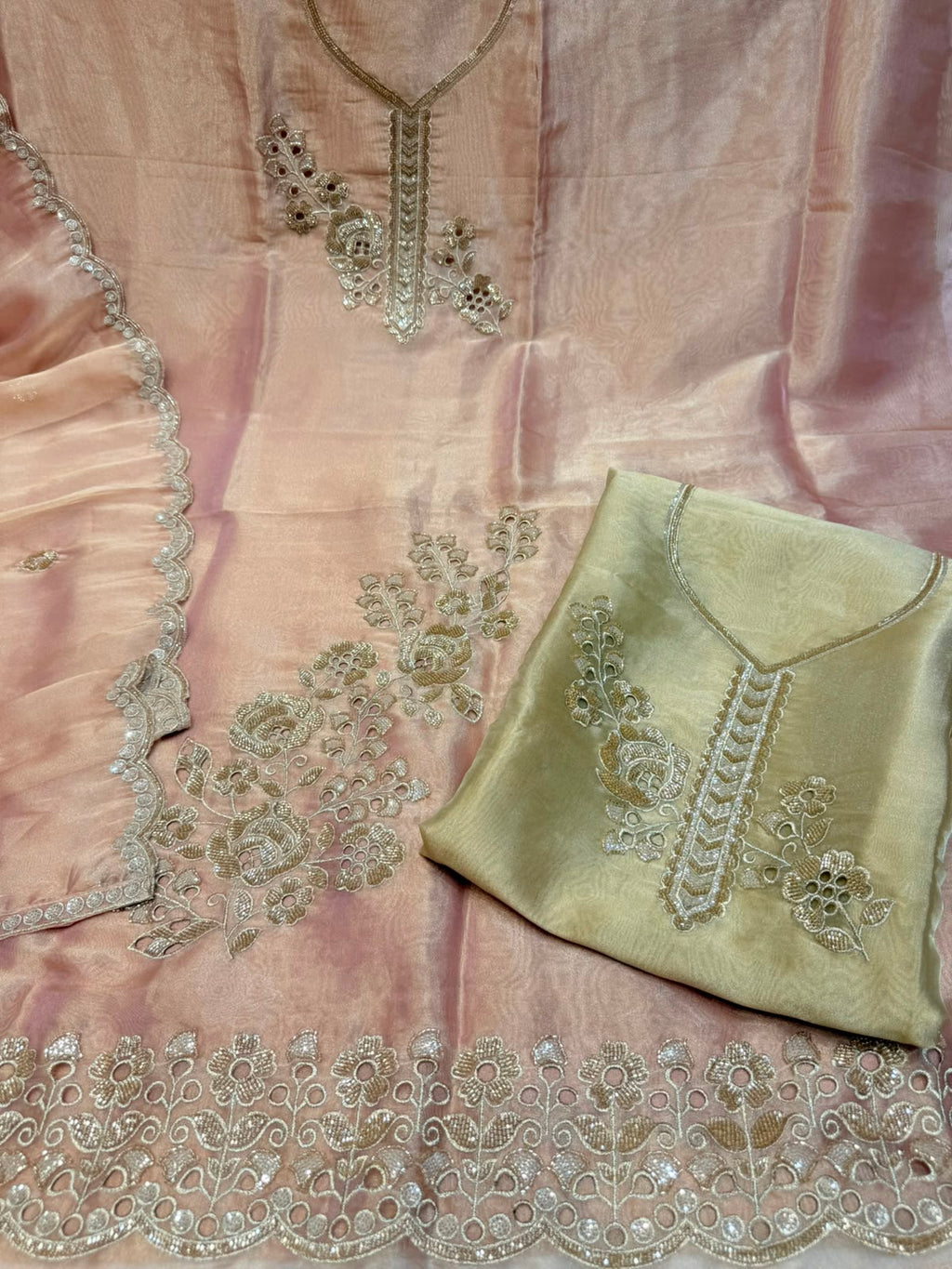 Neer 3-Piece Tissue Shimmer Organza Suit-Dupatta with Dabka Embroidery