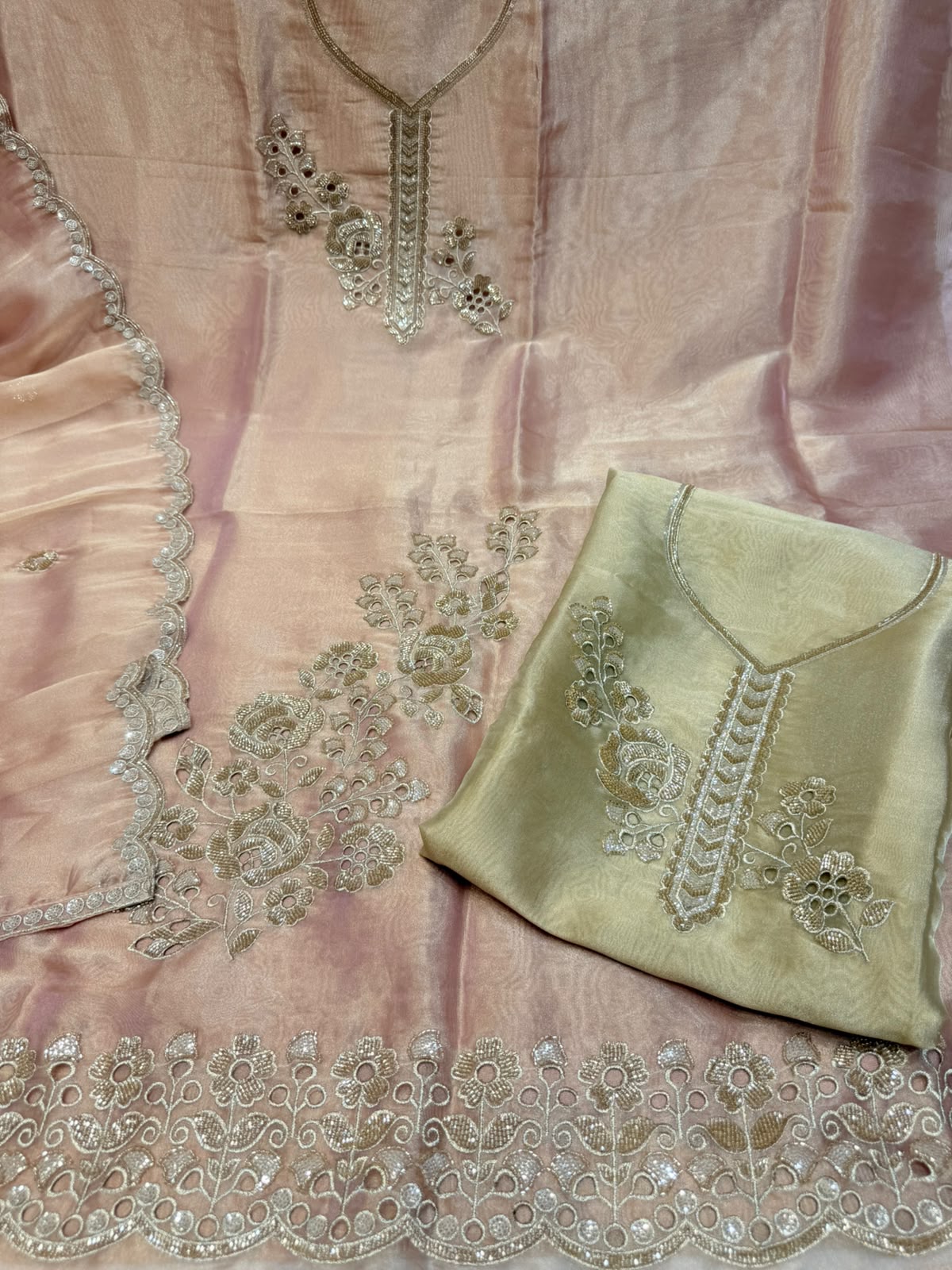 Neer 3-Piece Tissue Shimmer Organza Suit-Dupatta with Dabka Embroidery