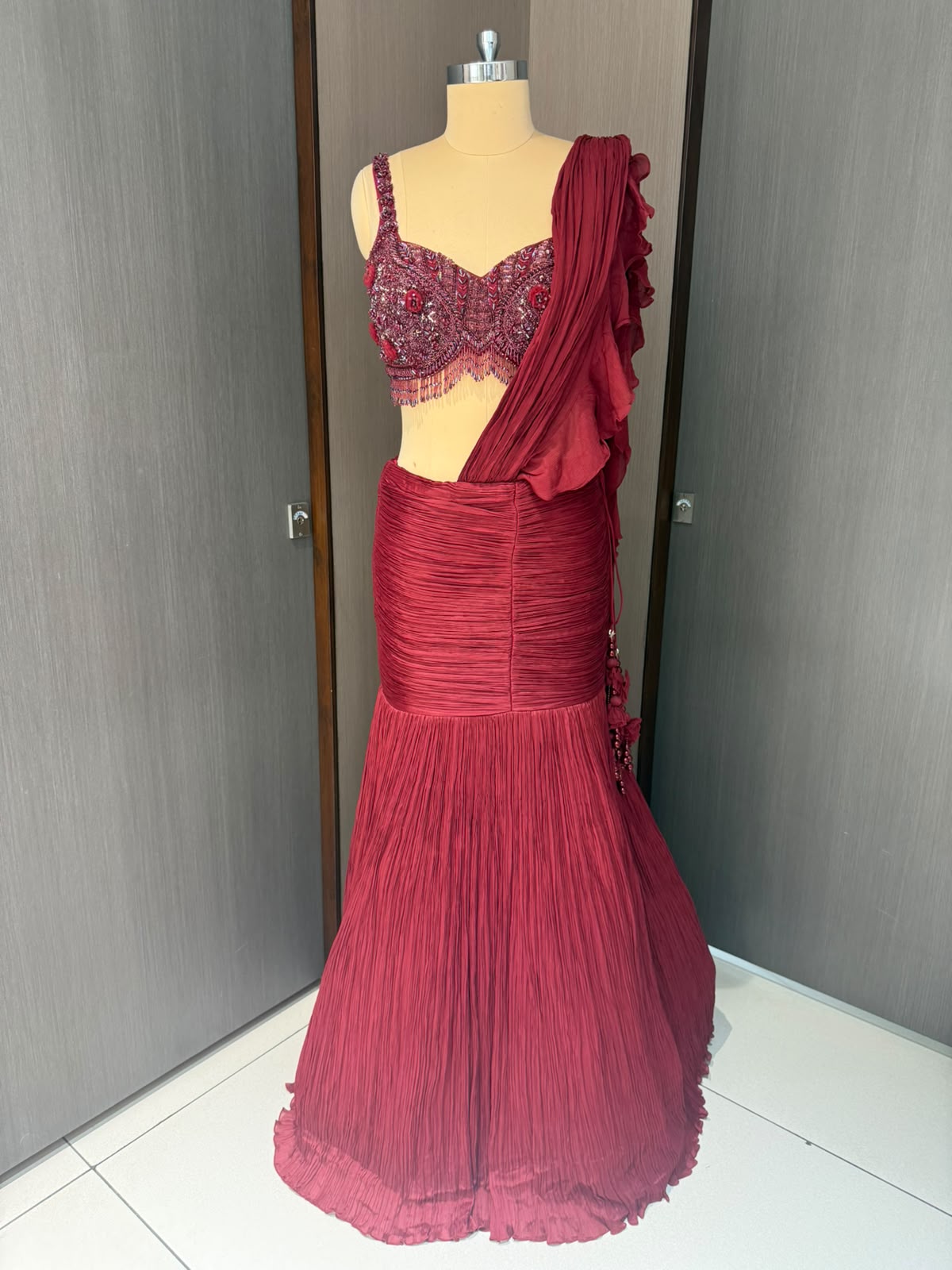 INARA Red Indo-Western Fish-Cut Lehenga Style Saree