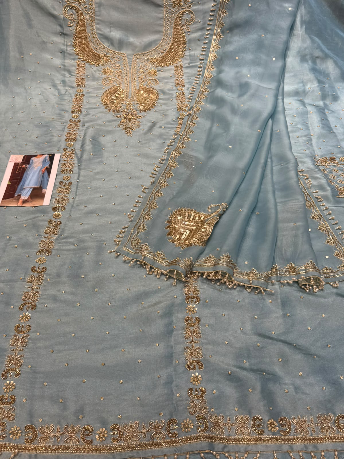 Neer Blue Shimmer Crepe with Chinon Dupatta
