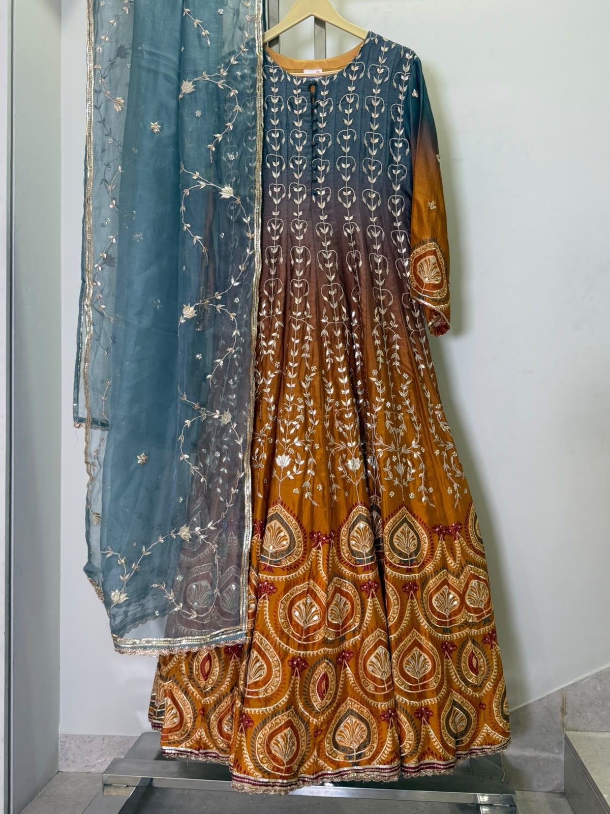 Mira Blue & Mustard Embroidered One Piece Anarkali Suit