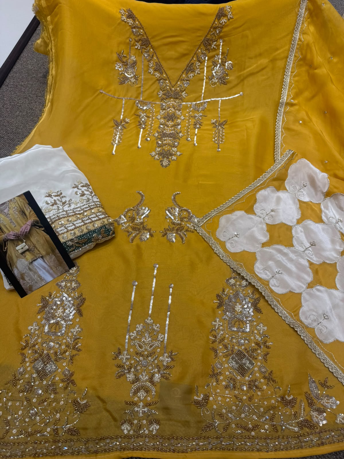 Neer Yellow Crepe Suit with Organza Dupatta