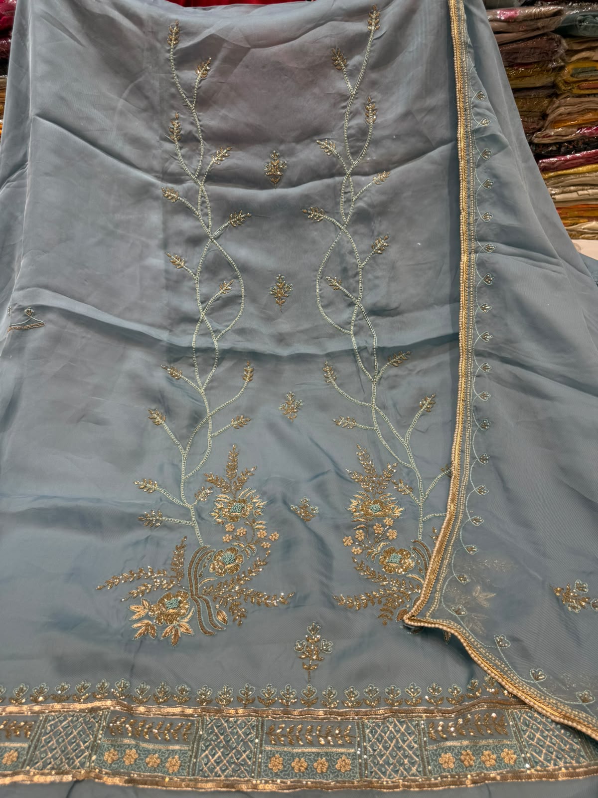 Neer Dusty Blue Organza Suit with Dupatta