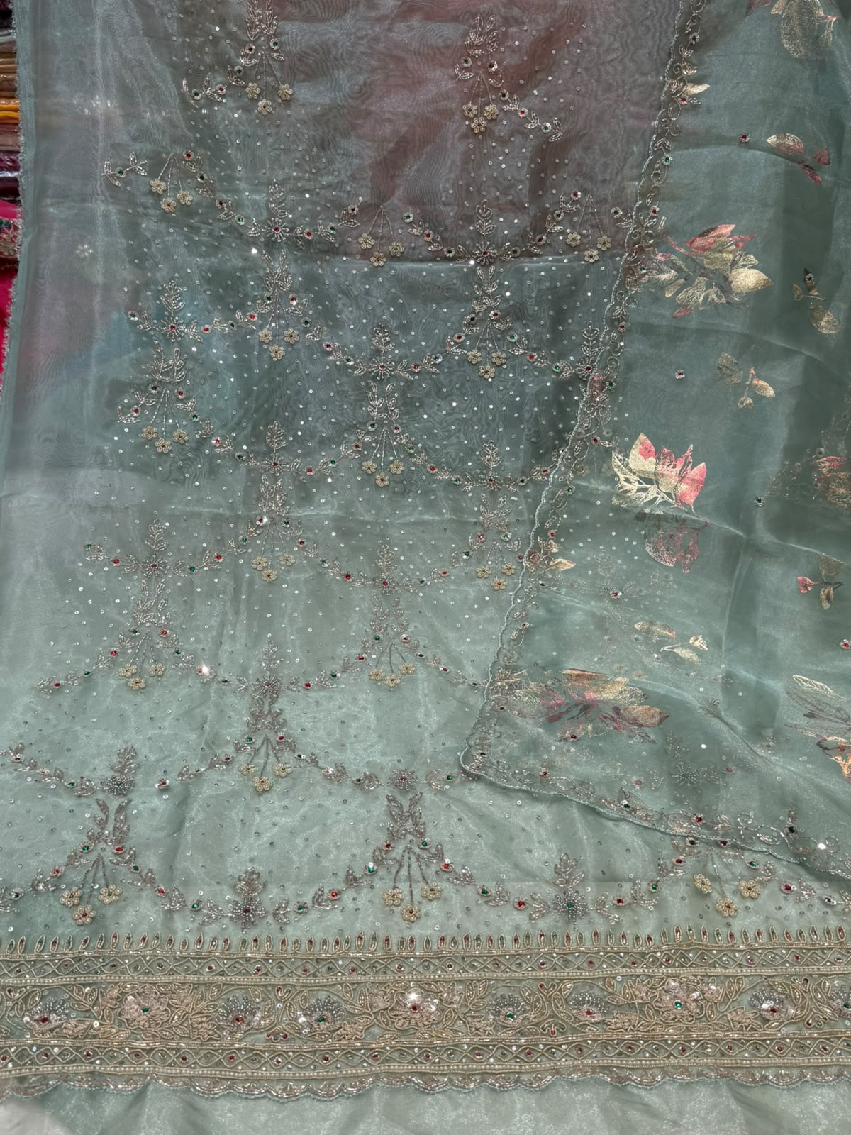 Neer Sage Green Silk Organza Suit-Dupatta