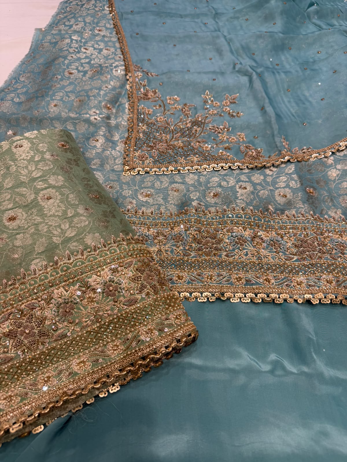 Neer Sage Green Brocade Embroidered Suit with Dupatta