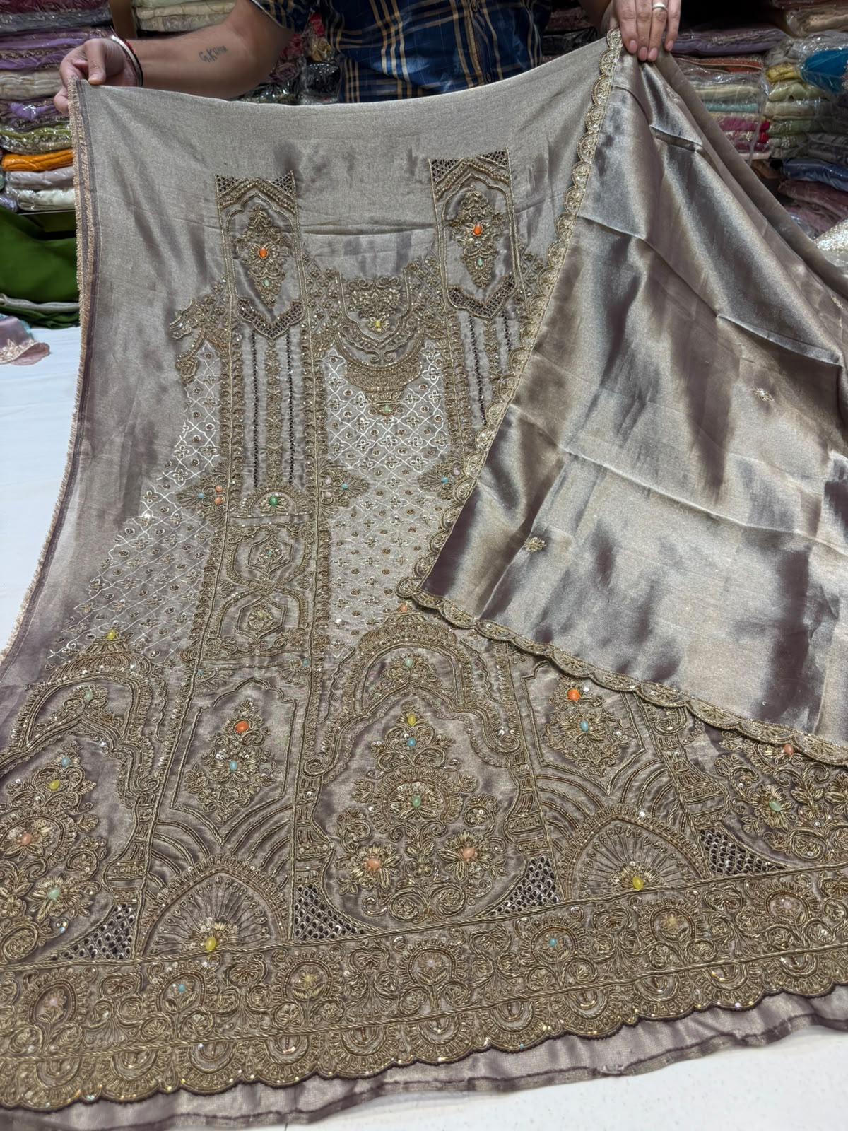 Neer Tissue Silk Suit with Gold Embroidery