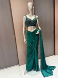INARA Green Draped Saree with Embroidered Blouse