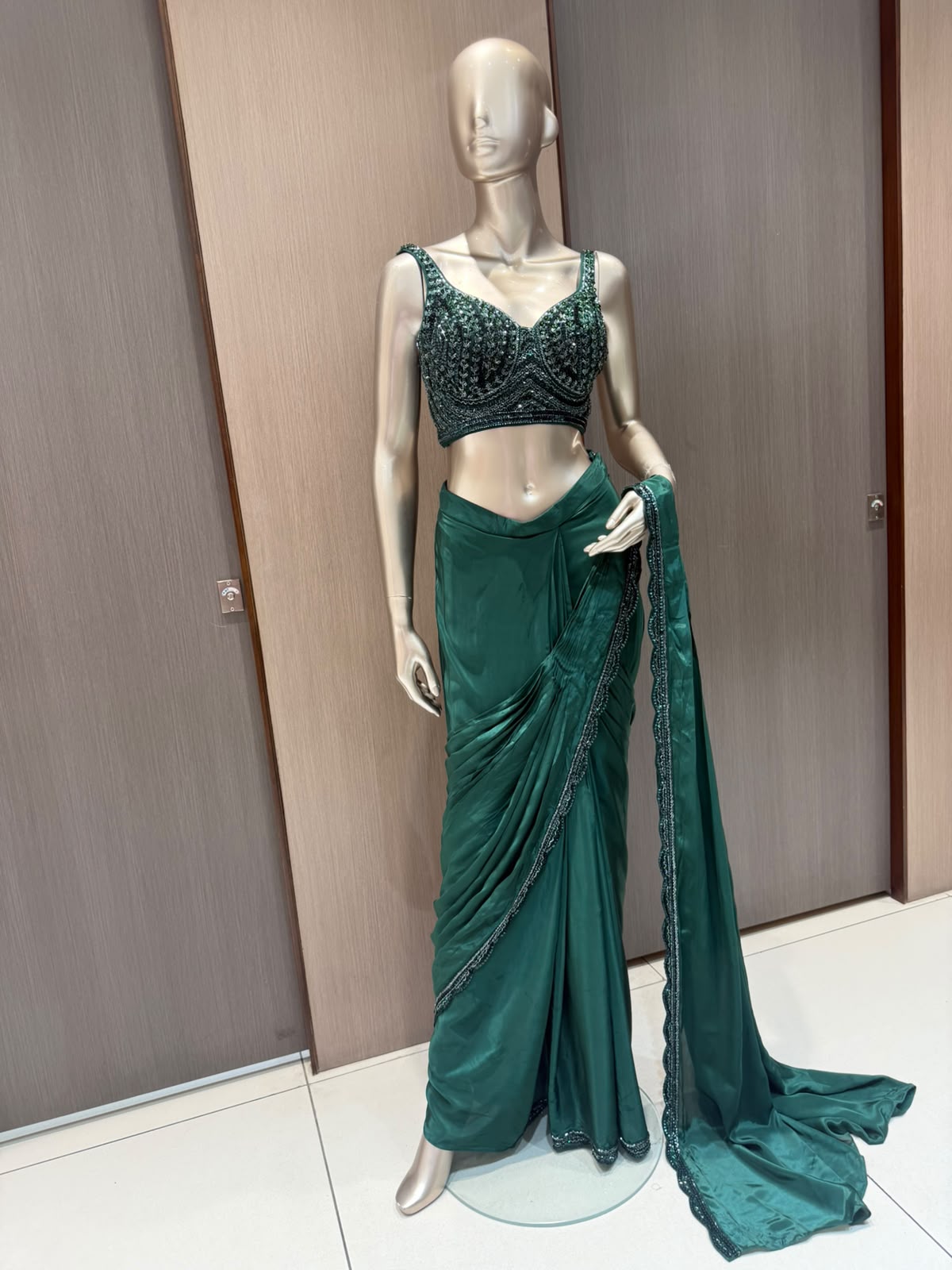 INARA Green Draped Saree with Embroidered Blouse