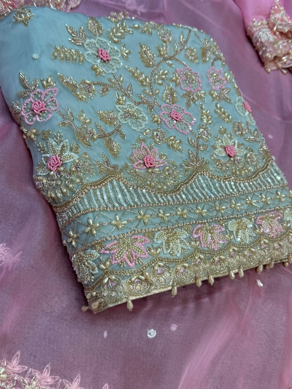Neer Silk Organza Embroidered Suit-Dupatta with Gold Beadwork