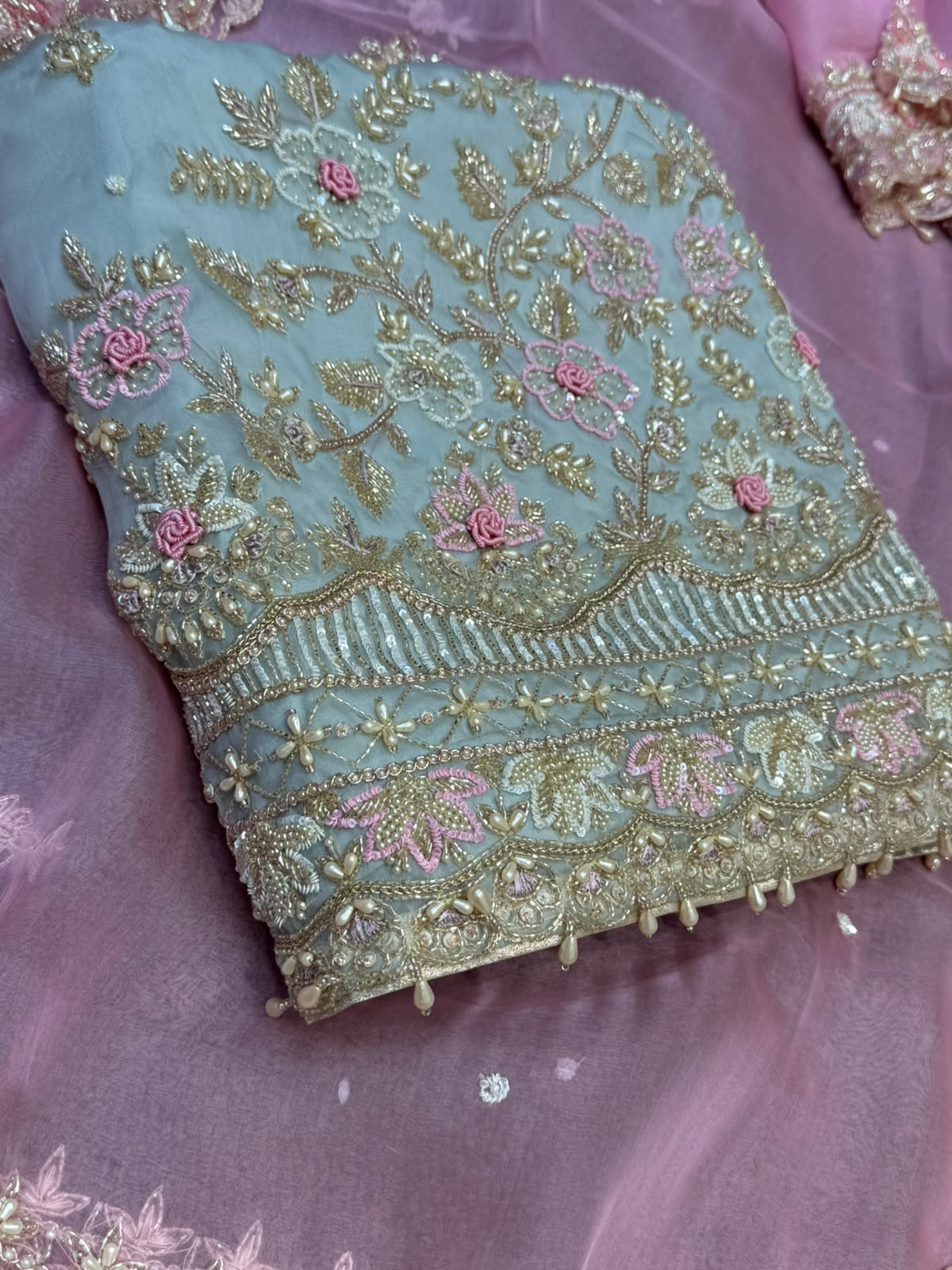 Neer Silk Organza Embroidered Suit-Dupatta with Gold Beadwork