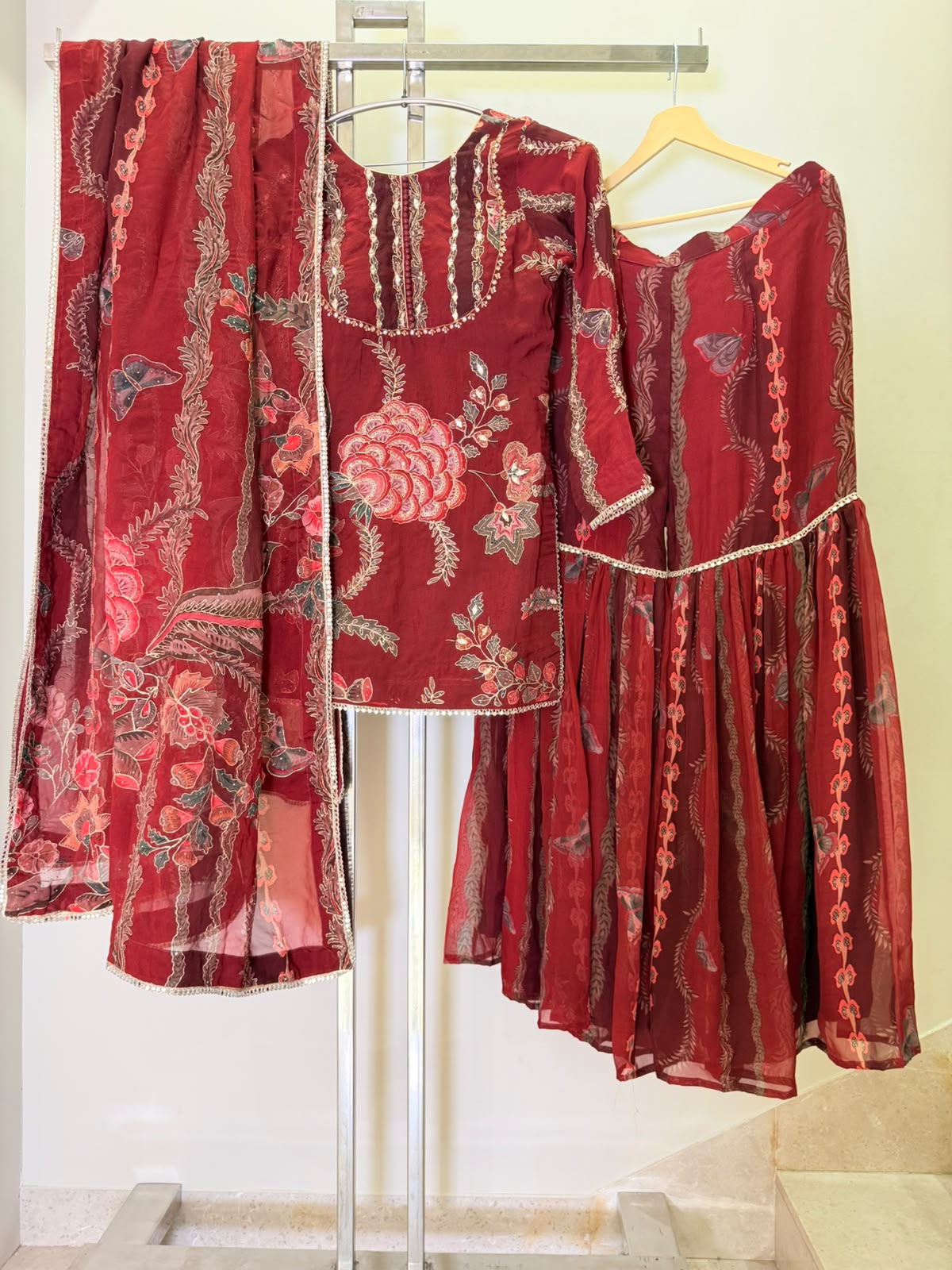 ARYA Maroon Gharara Suit with Floral Embroidery