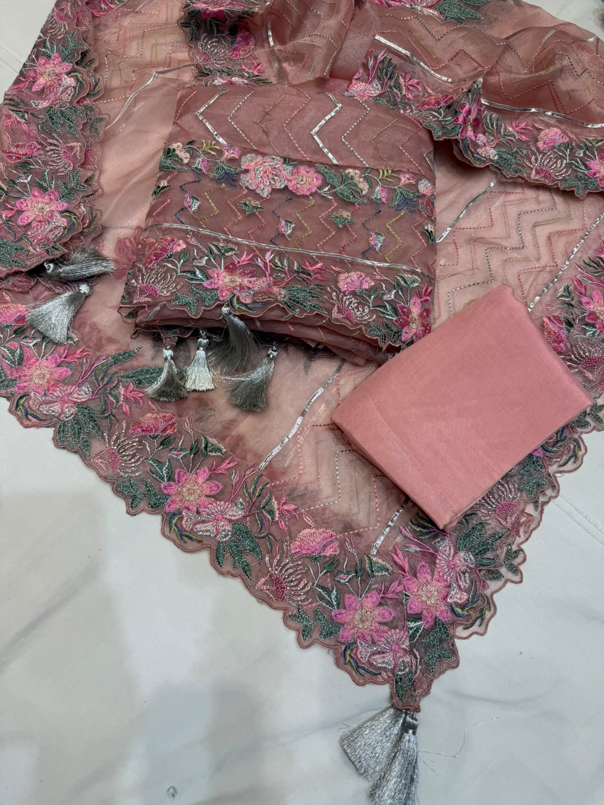 Neer Organza Sheer Floral Embroidered Suit Dupatta and Tassel Trim.