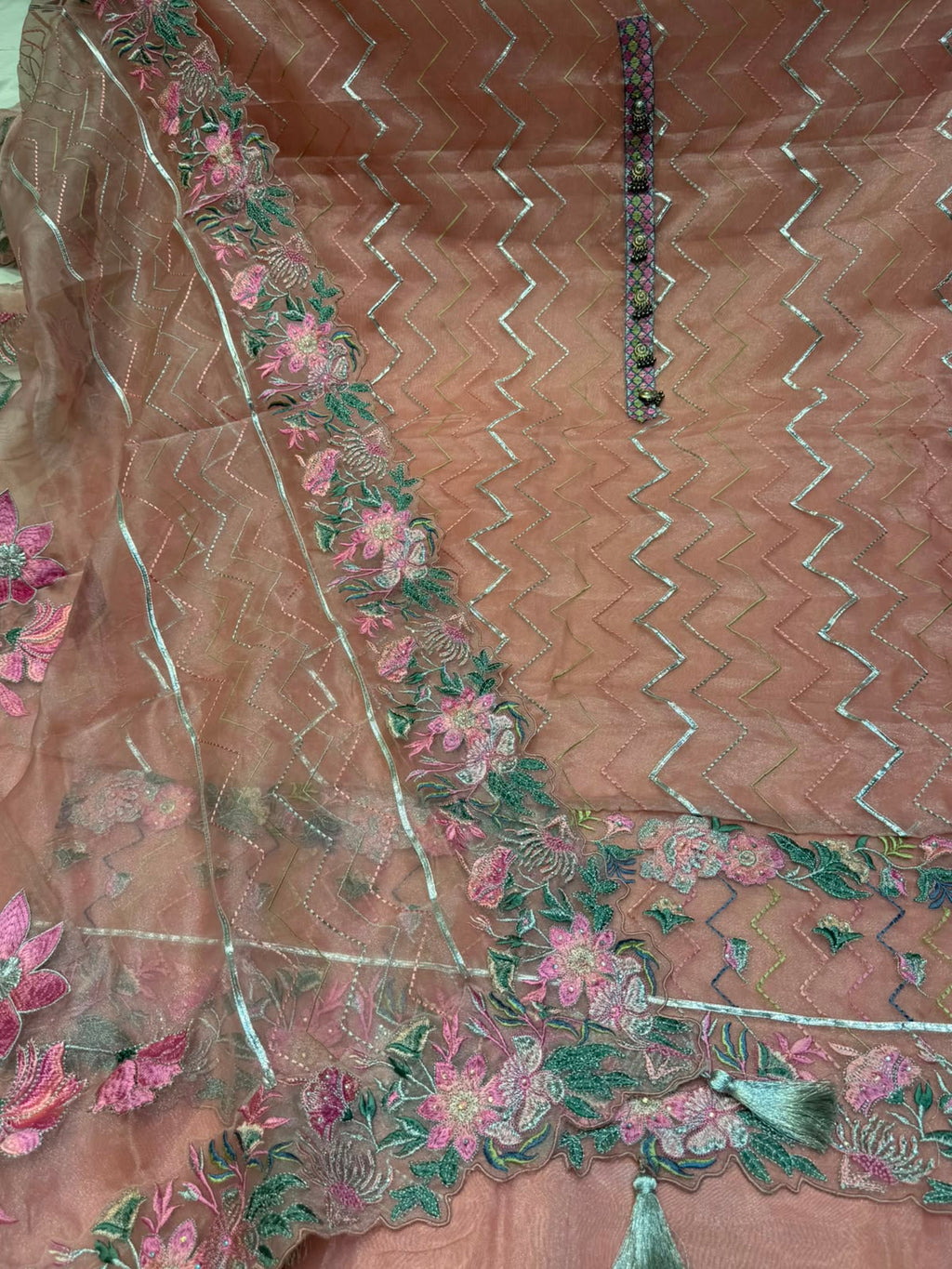 Neer Organza Sheer Floral Embroidered Suit Dupatta and Tassel Trim.