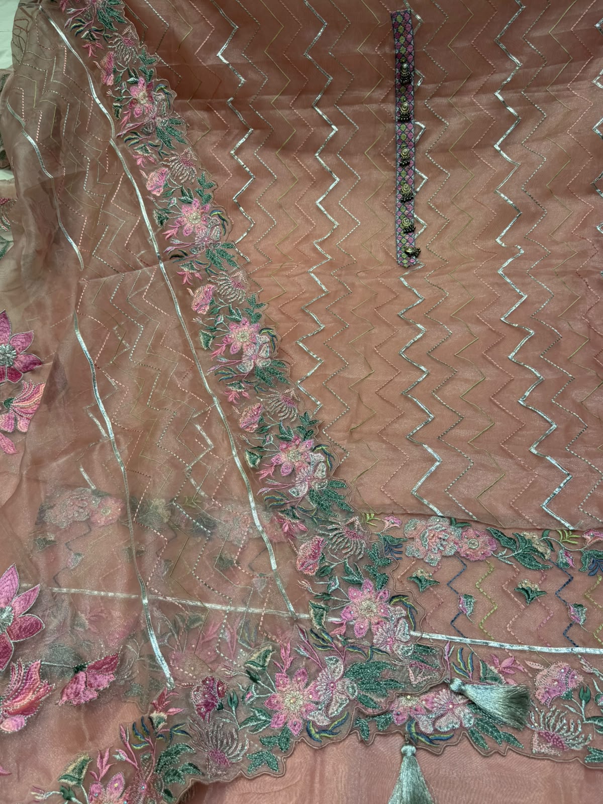 Neer Organza Sheer Floral Embroidered Suit Dupatta and Tassel Trim.