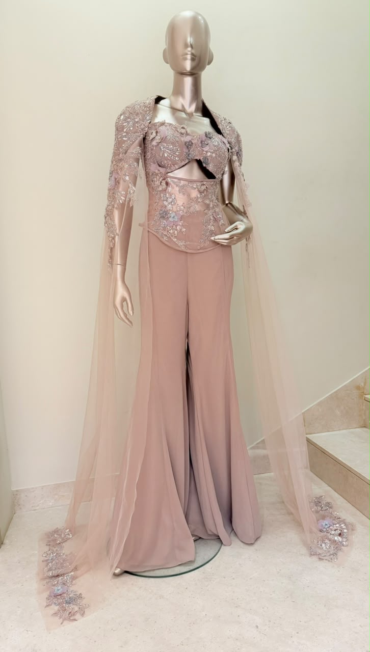 AKRITI Dusty Pink Embroidered Crop Top with Wide Leg Pants