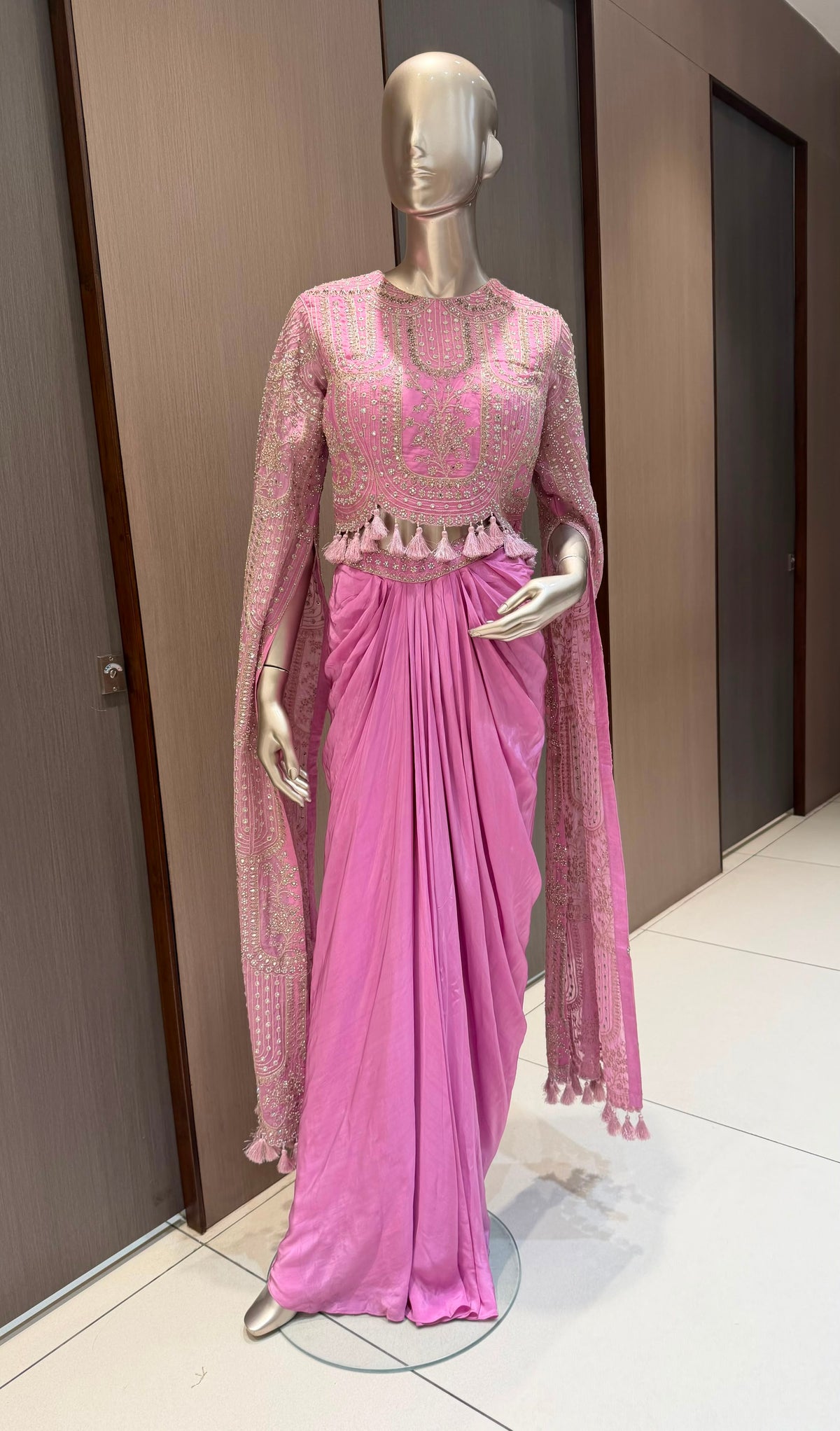 AKRITI Pink Indo-Western Sequin Top with Draped Skirt