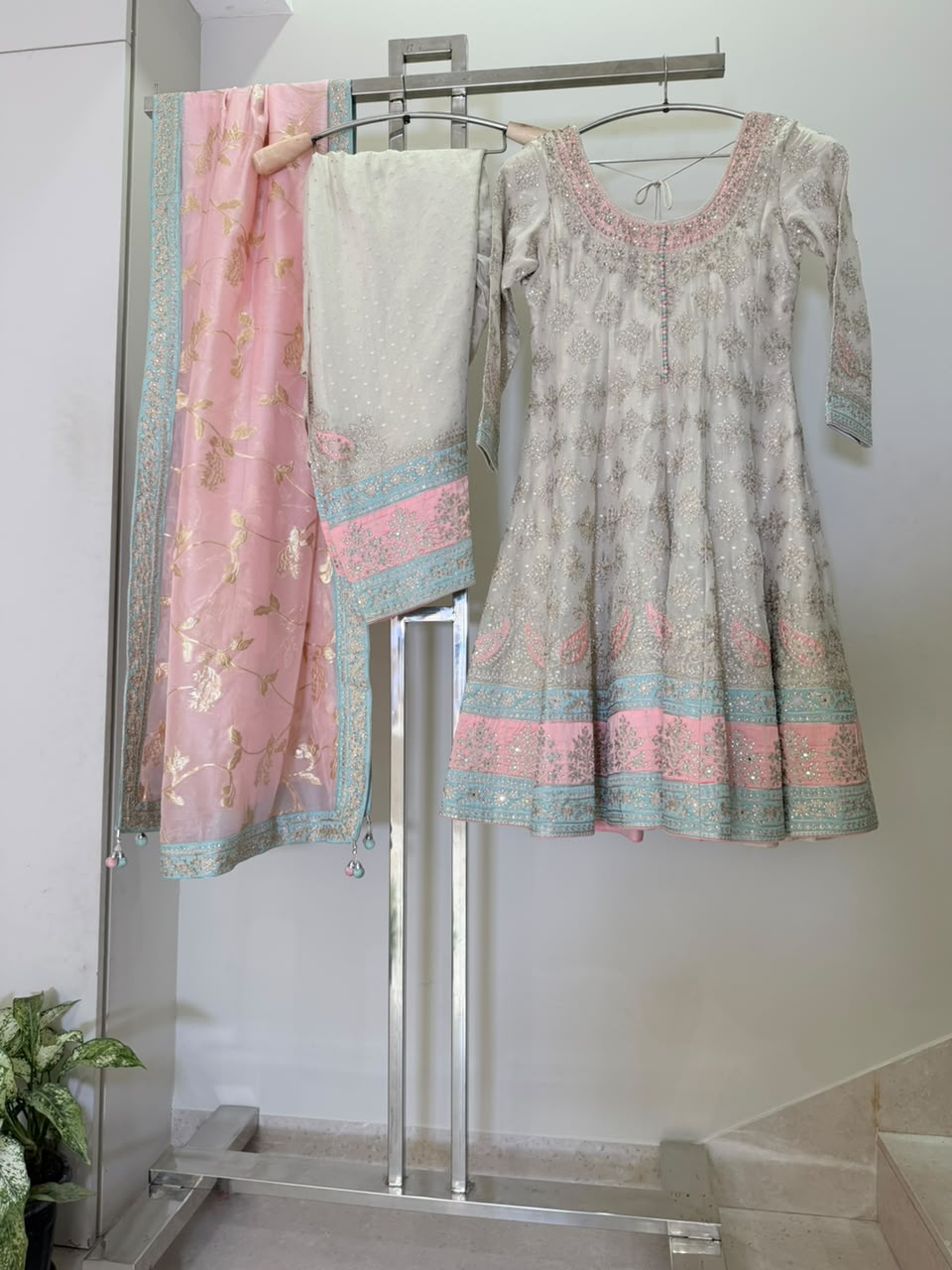 Mira Light Beige Printed Anarkali Salwar with Farshi Salwar Suit
