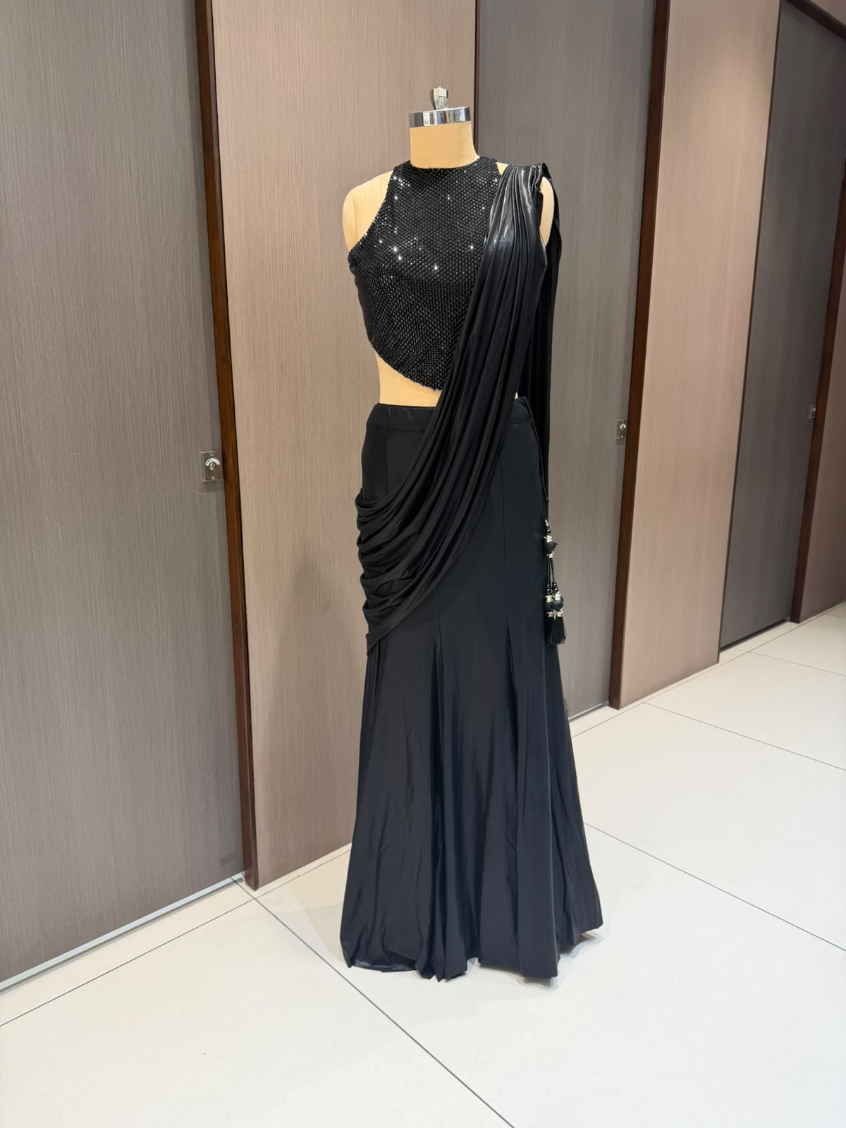 INARA Black Draped Saree with Fish-Cut Skirt