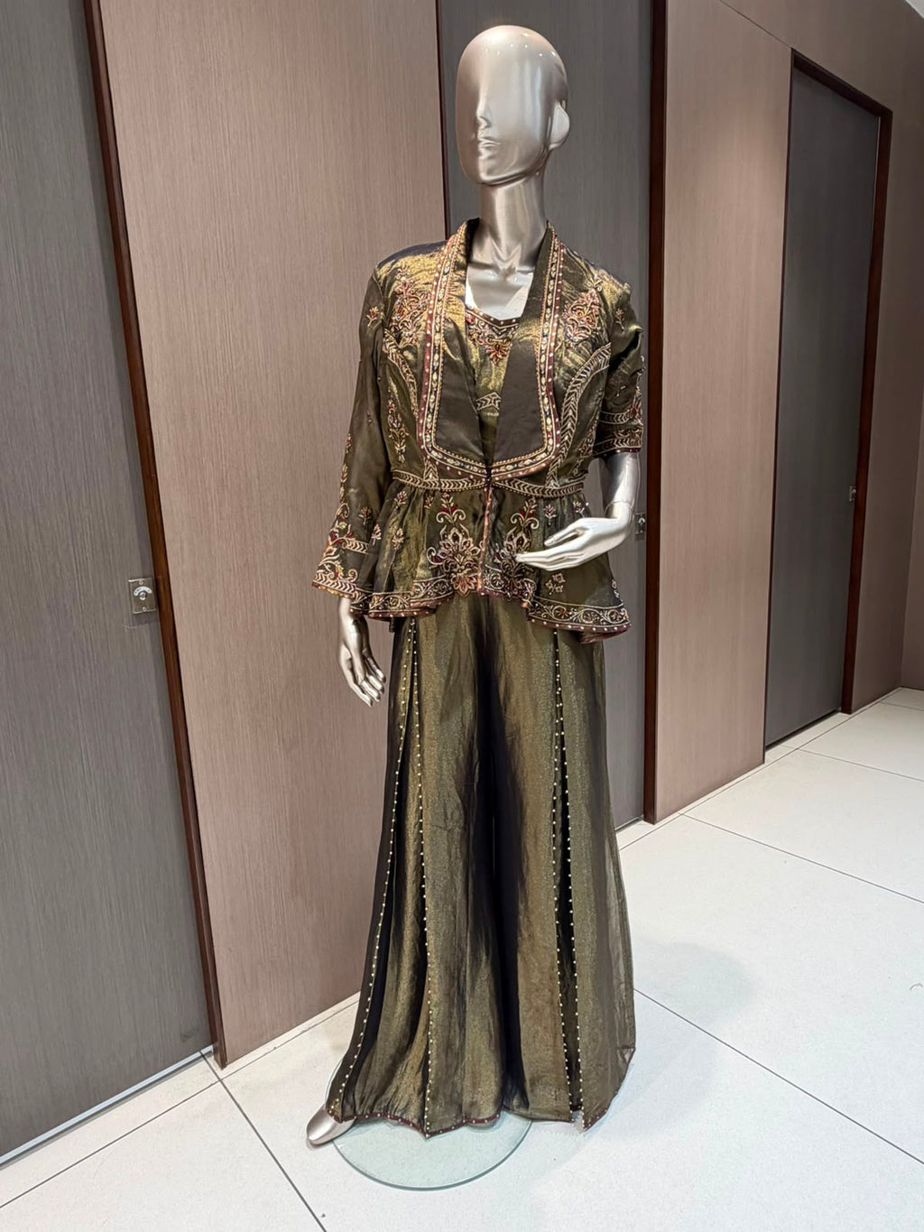 AKRITI Olive Green Embroidered Indo-Western Peplum Set