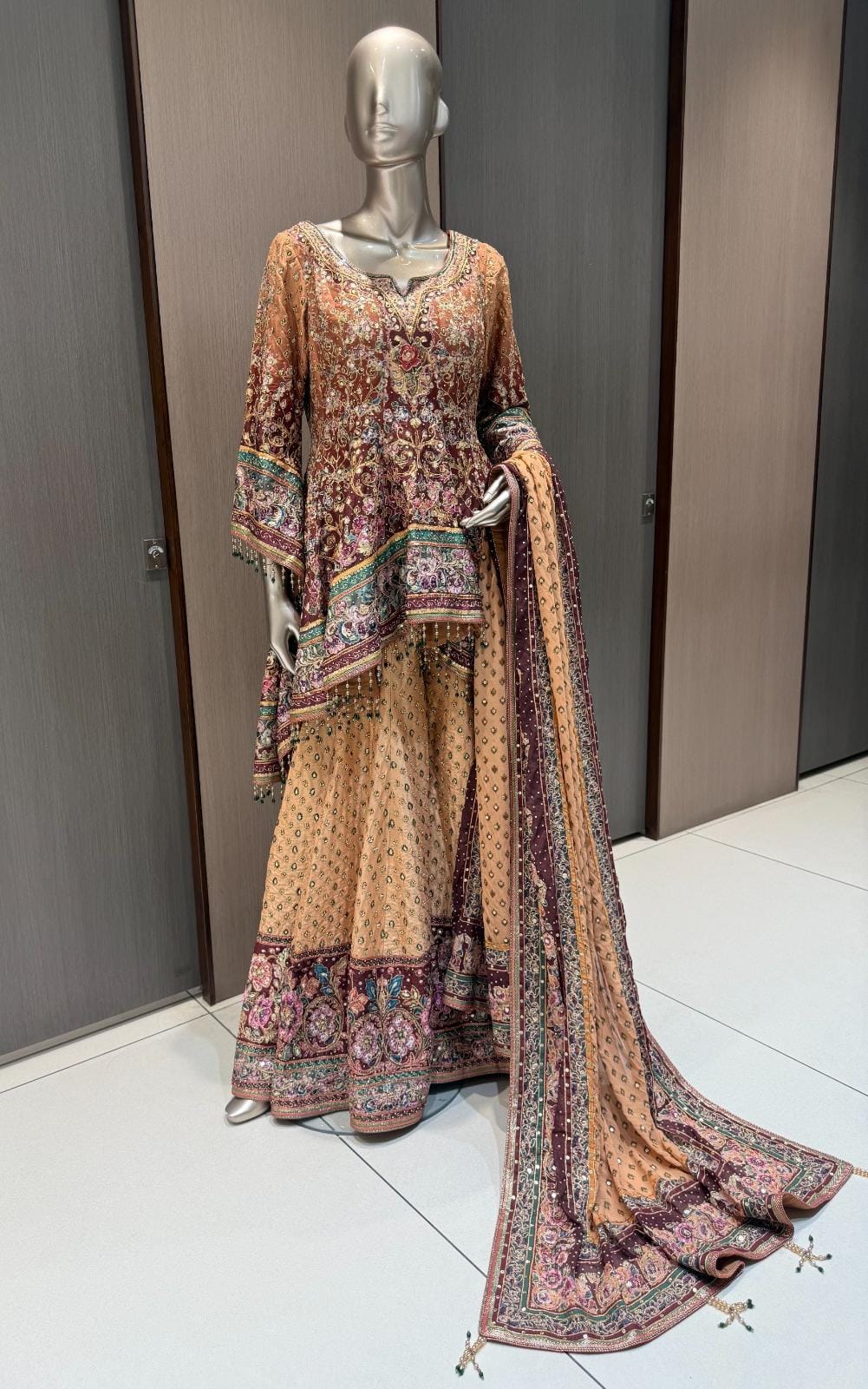 ARYA Peach Embroidered Sharara Suit