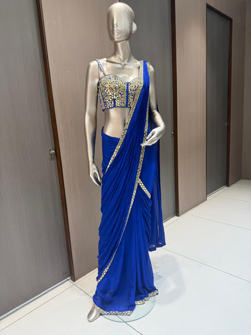 INARA Blue Draped Saree with Embroidered Blouse