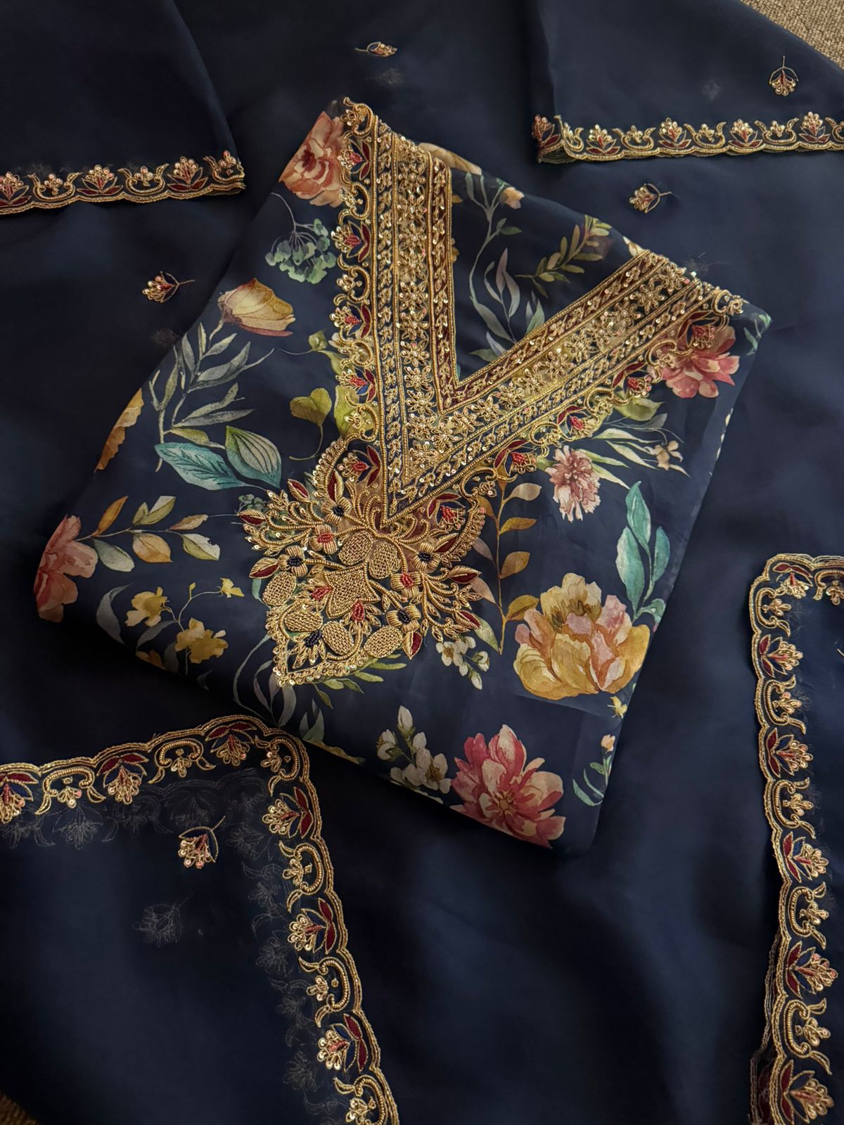 Neer Navy Blue Cotton Suit-Dupatta