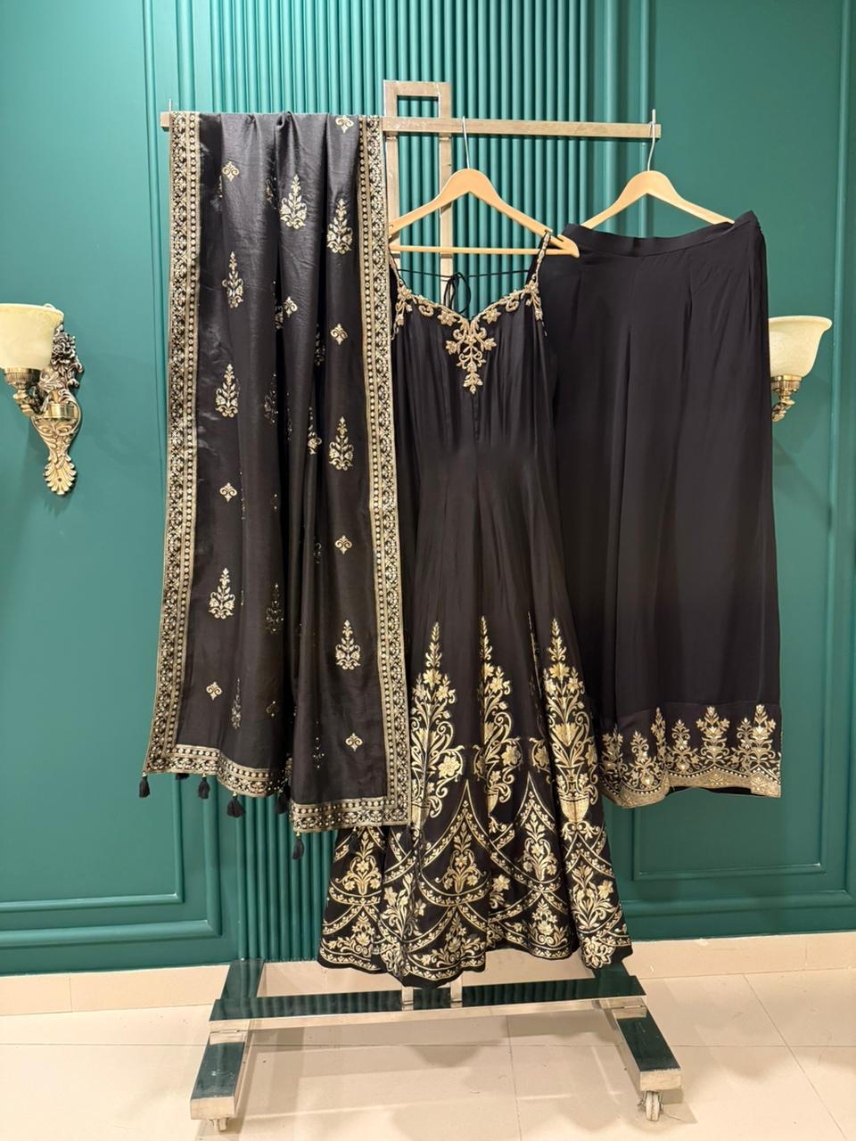 Mira Black & Gold Embroidered Anarkali Sharara Suit with Dupatta