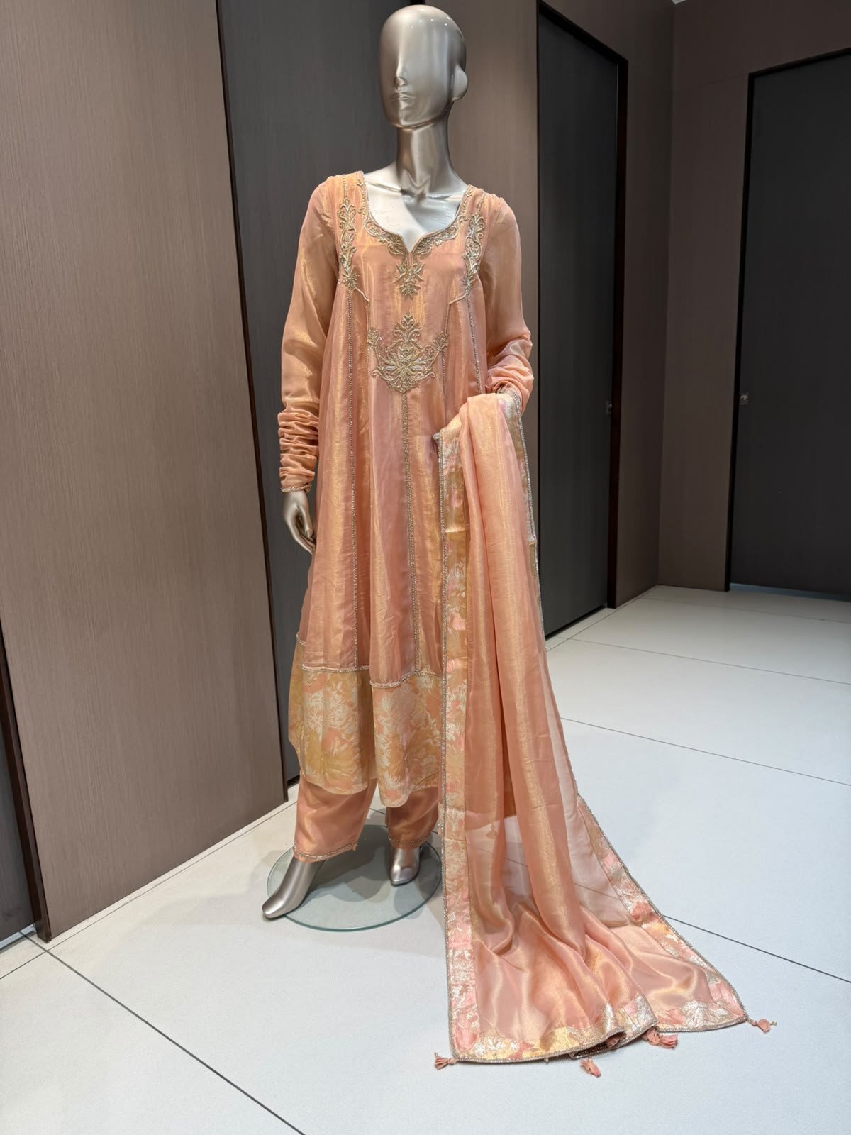 Taara Peach Embroidered A-Line Suit-Dupatta