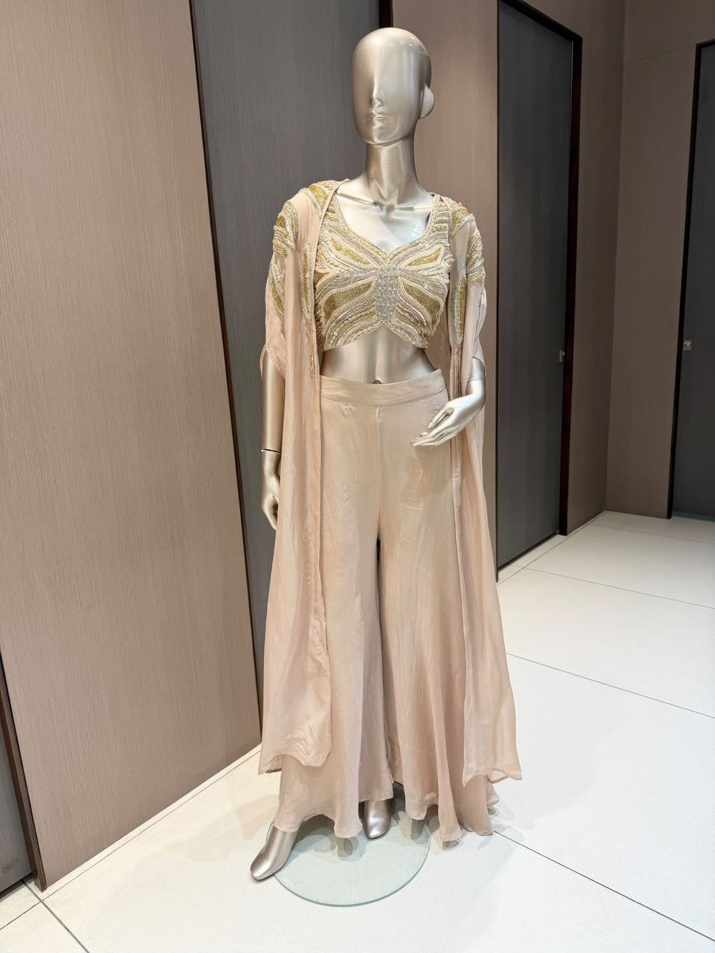 AKRITI 3 Piece Beige and Gold Indowestern Sharara Suit