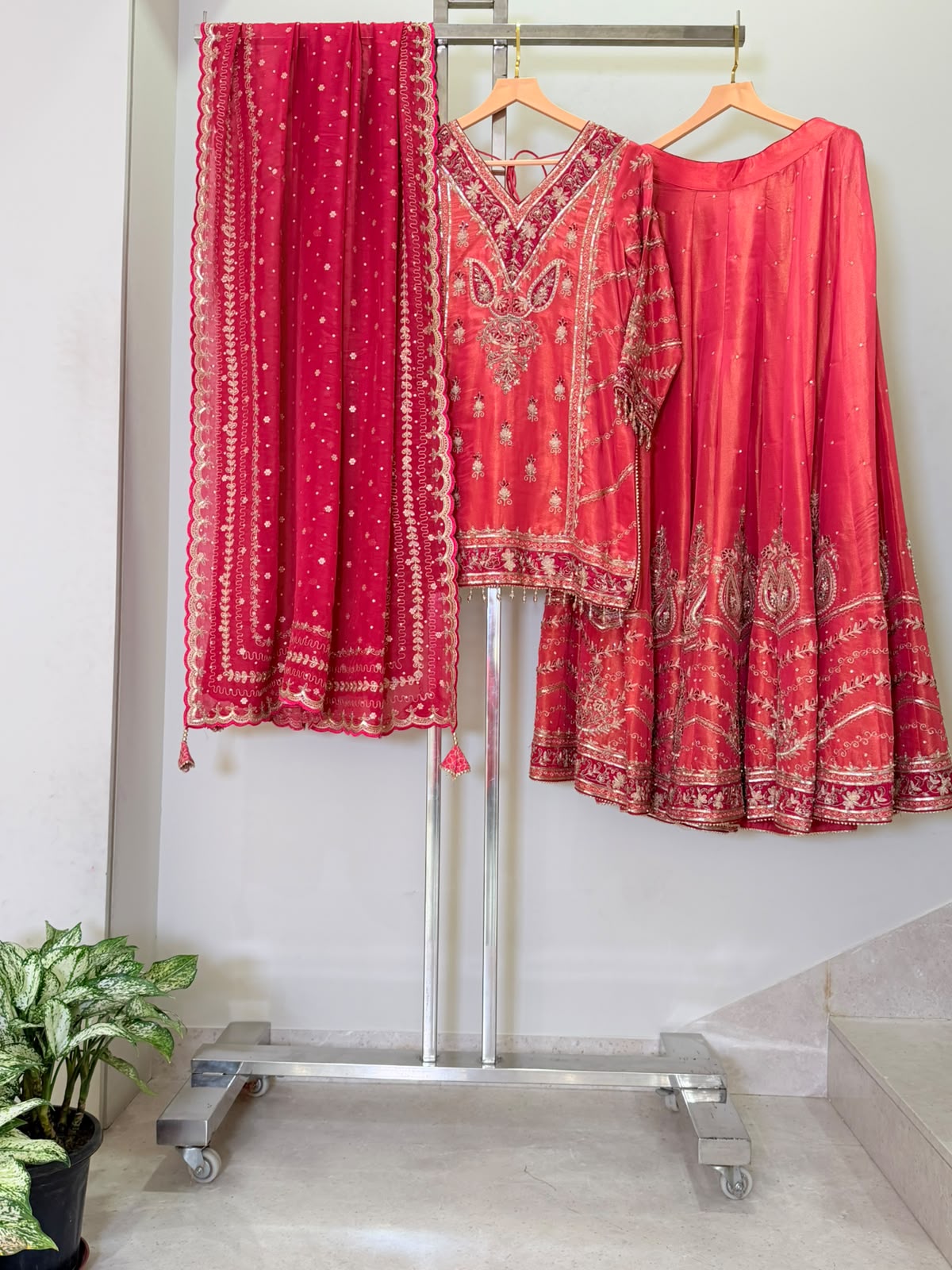 Nyraa Red and Carrot Embroidered Sharara Suit