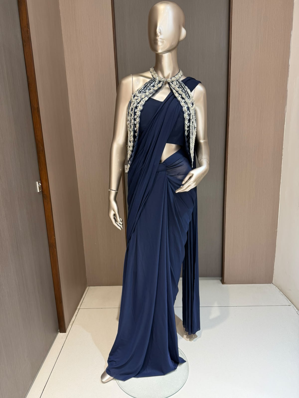 INARA Navy Blue Embellished Pre-Draped Saree