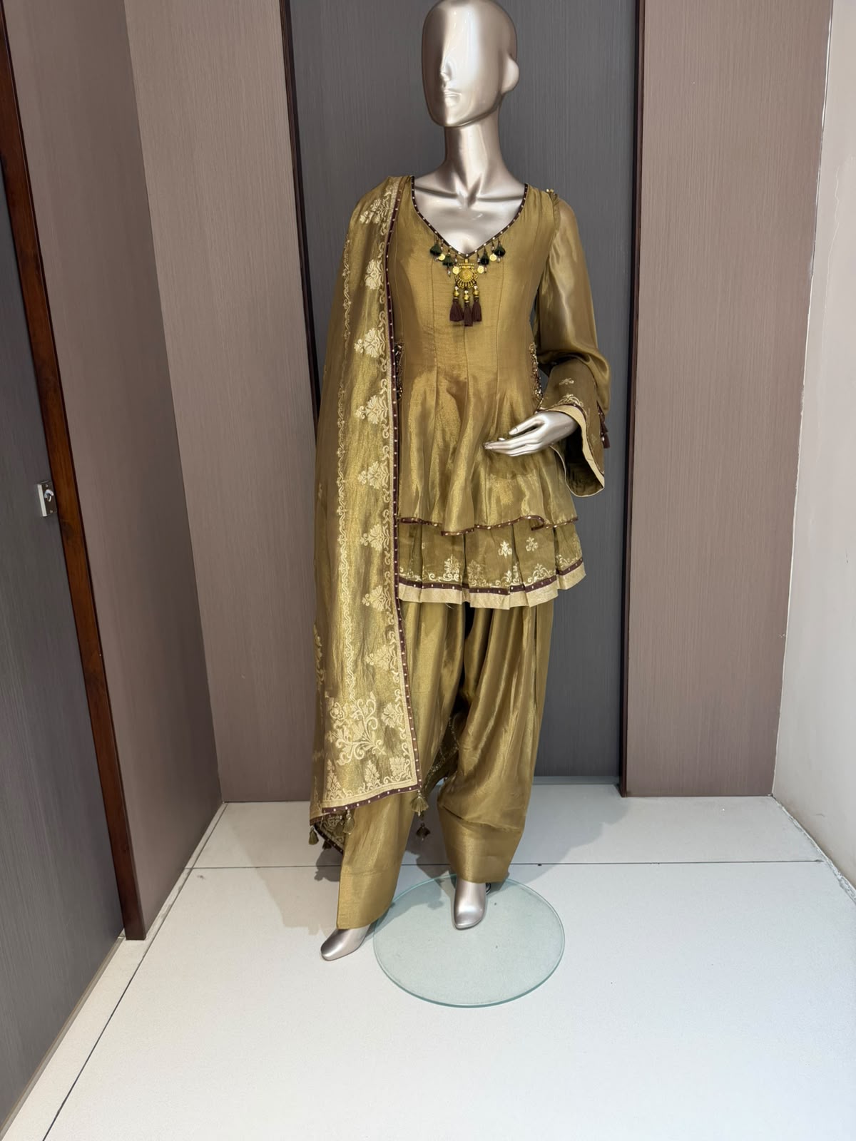Taara Olive Green Peplum Farshi Salwar Suit with Dupatta