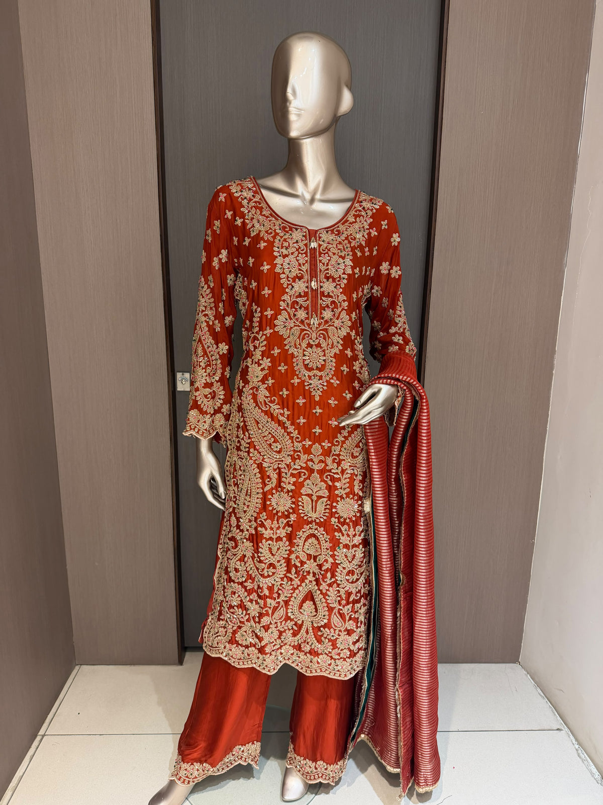 Taara Orange Embroidered Farshi Salwar Suit