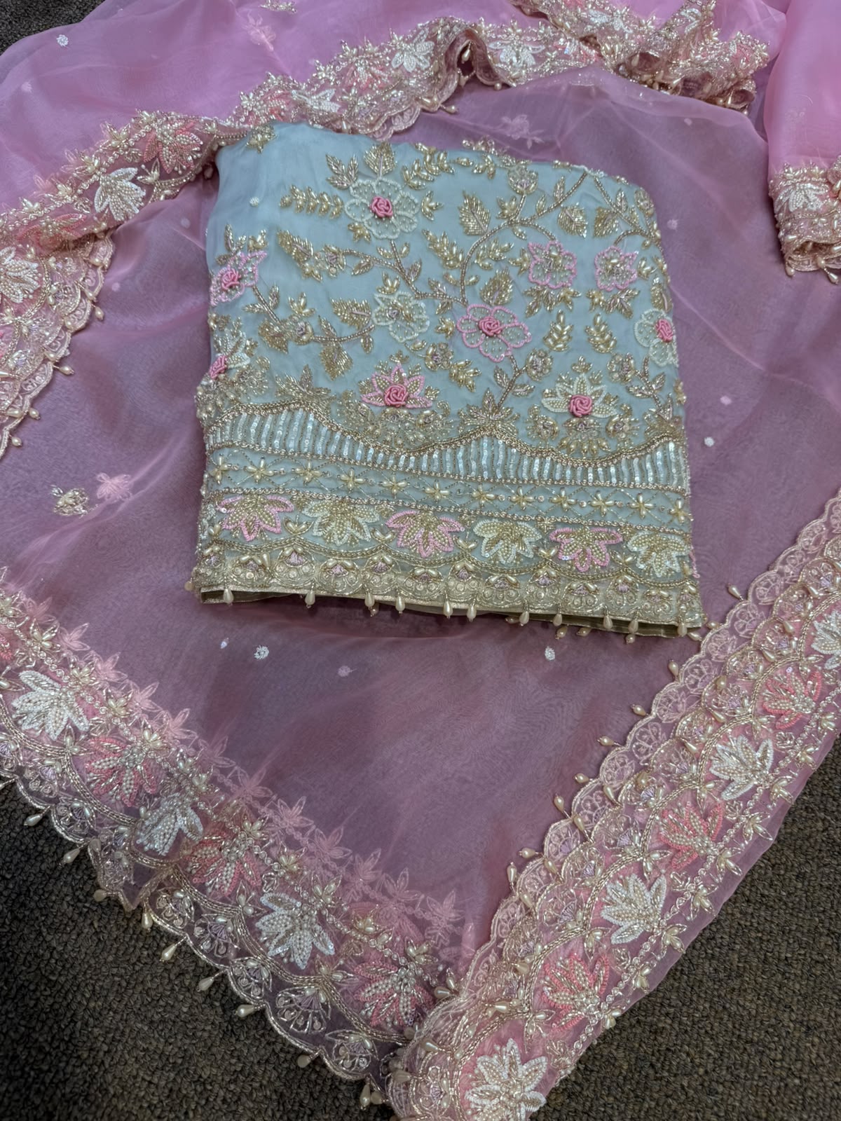 Neer Silk Organza Embroidered Suit-Dupatta with Gold Beadwork