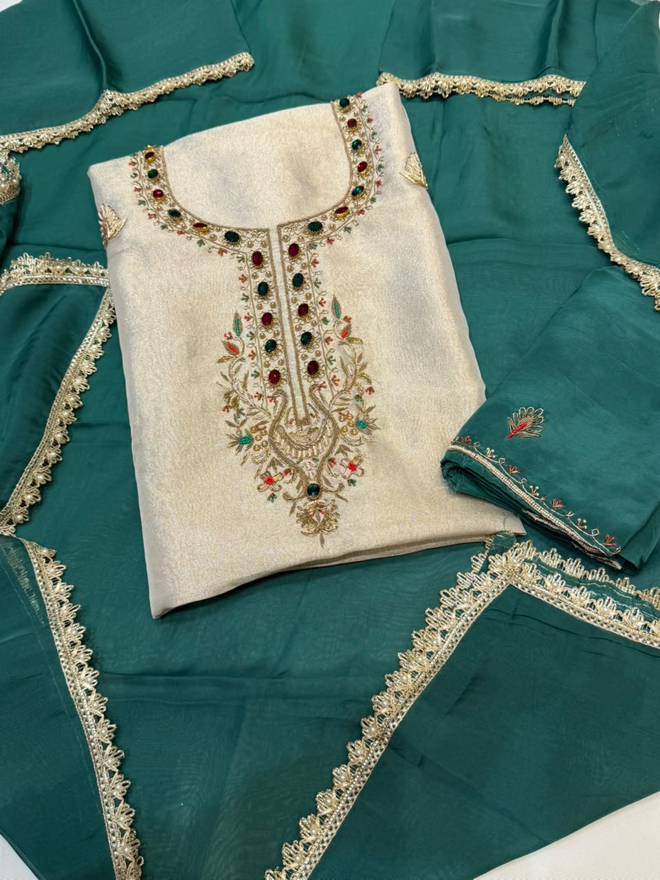Neer Cream Shimmer Suit Dupatta