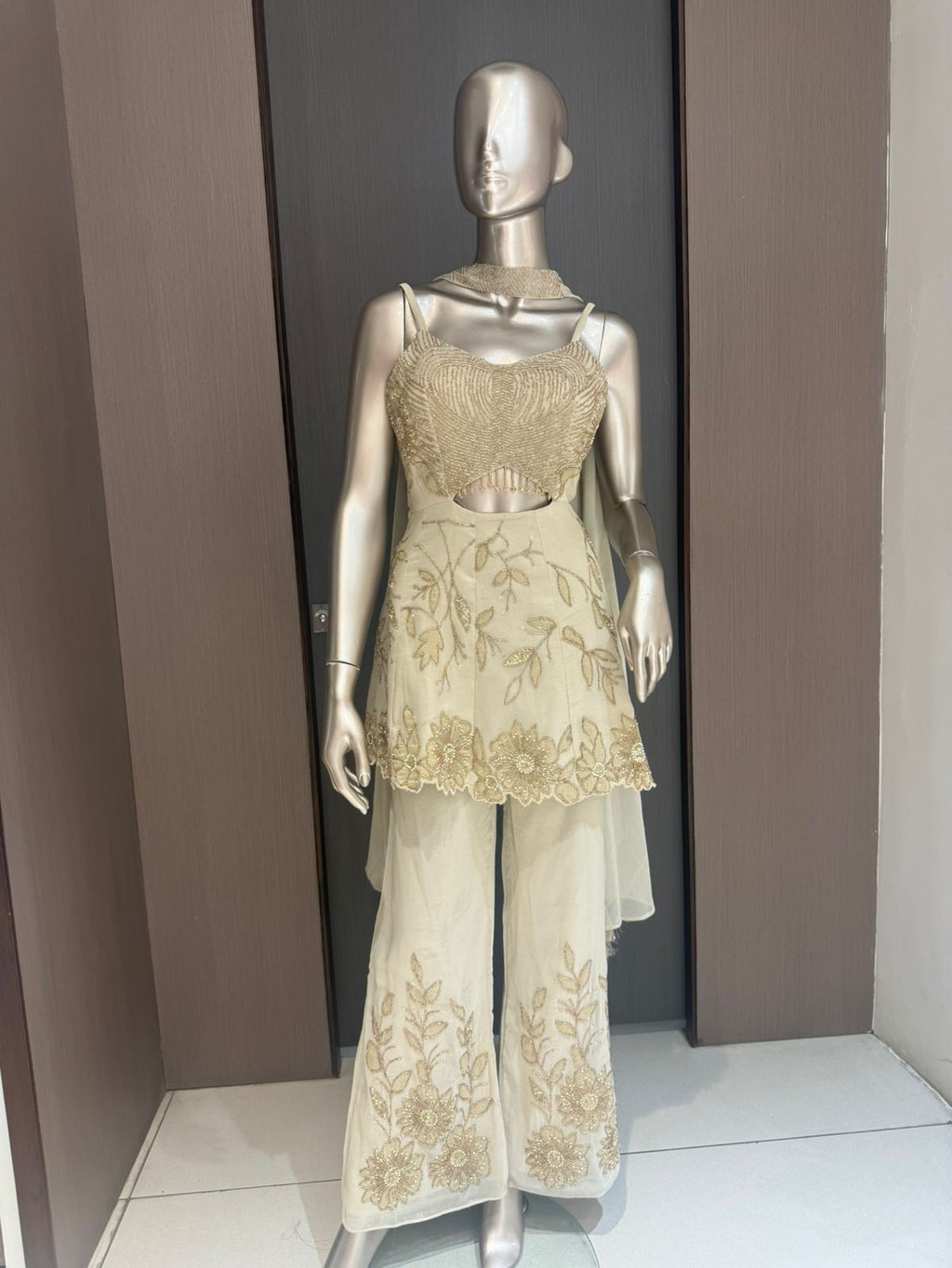 AKRITI Ivory Embroidered Crop Top & Flared Pant Set