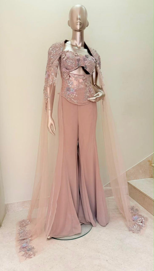 AKRITI Dusty Pink Embroidered Crop Top with Wide Leg Pants