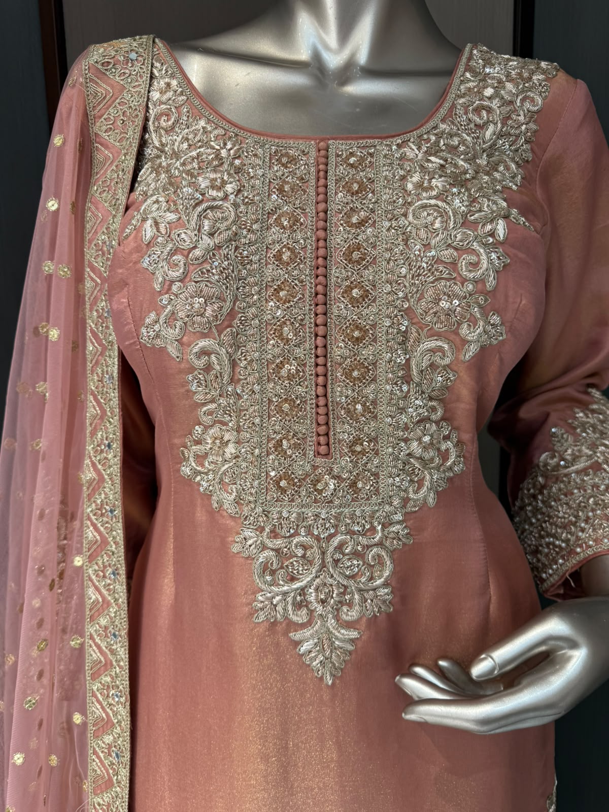 Taara Peach Golden Embroidered Farshi Salwar Suit