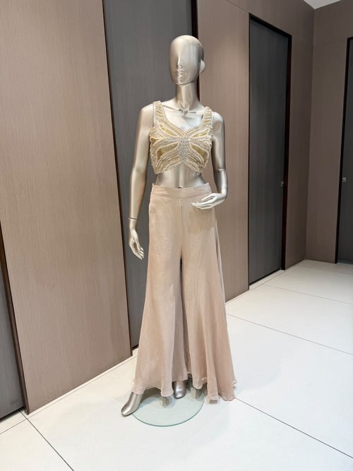 AKRITI 3 Piece Beige and Gold Indowestern Sharara Suit