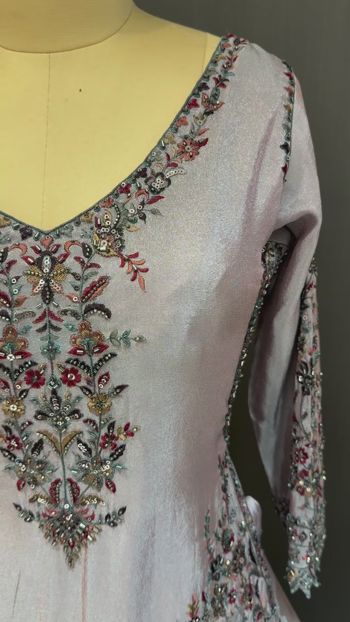 Nyraa Embroidered Lavender Long Kurti with Lehenga & Dupatta